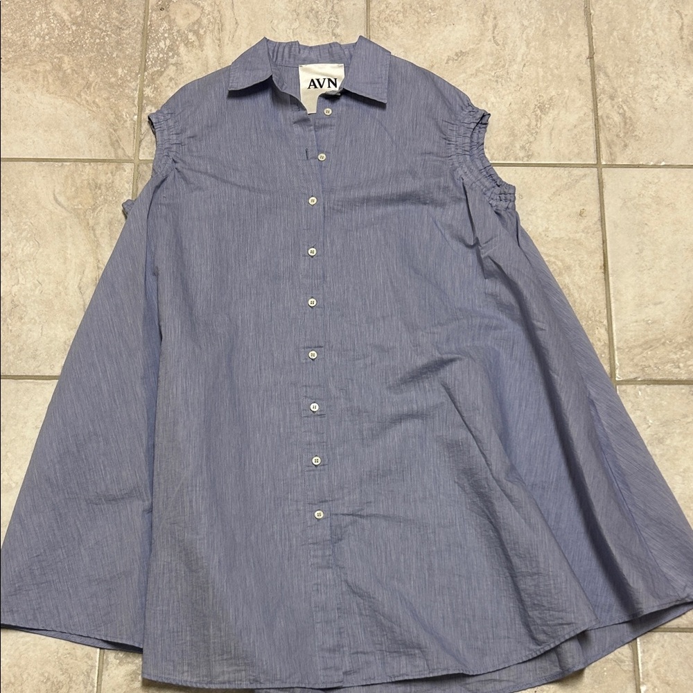 AVN Blue Sleeveless Shirt Dress with side pockets.